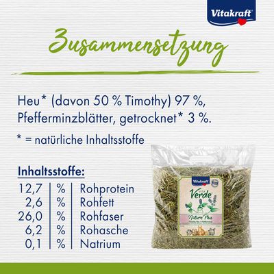 Vitakraft Vita Verde Heu, natürliche Qualität aus Deutschland, lose und in transparenter Verpackung sichtbar.