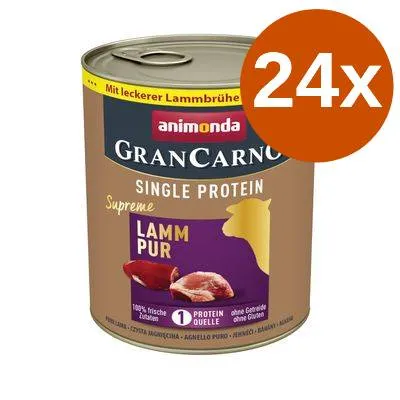 Animonda GranCarno Single Protein Supreme Lamm Pur, 24x. Text: Mit leckerer Lammbrühe, 100% frische Zutaten, 1 Proteinquelle, ohne Getreide, ohne Gluten. Animonda GranCarno Single Protein Supreme Lamm Pur, 24x. Text: Mit leckerer Lammbrühe, 100% frische Zutaten, 1 Proteinquelle, ohne Getreide, ohne Gluten.