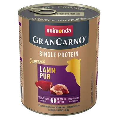 Animonda GranCarno Single Protein Supreme Lammas Pur, 100 % tuoreita ainesosia, 1 proteiinilähde, viljaton ja gluteeniton.
