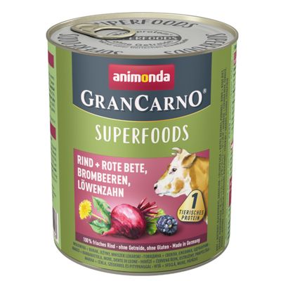 Konzerva Animonda GranCarno Superfoods, vidljiv tekst: Rind + Rote Bete, Brombeeren, Löwenzahn, 1 tierisches Protein, 100 % frisches Rind, ohne Getreide, ohne Gluten, Made in Germany.