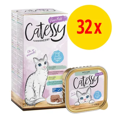 Catessy Fine Paté Yummmmeow! confezione da 32x100g, senza zuccheri aggiunti, vari gusti visibili sulla scatola. Immagine di una vaschetta e della confezione multipla.