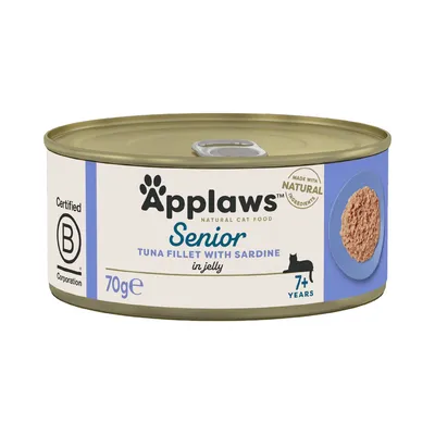 Applaws Senior kattmat, tonfiskfilé med sardiner i gelé, 70g burk, lämplig för katter från 7 år. Certifierad B Corporation, tillverkad av naturliga ingredienser.