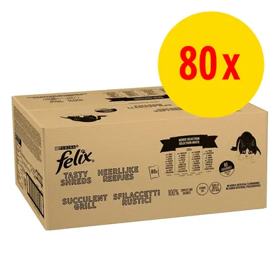 Purina Felix Tasty Shreds, gemischte Auswahl, 80x Portionsbeutel, 100% komplett und ausgewogen, ohne künstliche Aromen oder Konservierungsstoffe. Purina Felix Tasty Shreds, gemischte Auswahl, 80x Portionsbeutel, 100% komplett und ausgewogen, ohne künstliche Aromen oder Konservierungsstoffe.