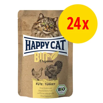 Confezione Happy Cat BIO Organic, pollo con tacchino. Testo visibile: Ohne Zuckerzusatz, Ohne künstliche Farb- und Konservierungsstoffe, Ohne Sojazusatz. 24x.