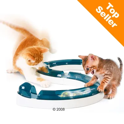 Katten speelrails met transparante blauwe banen en bal, twee kittens spelen ermee. Oranje hoeklabel met witte tekst: Top Seller.