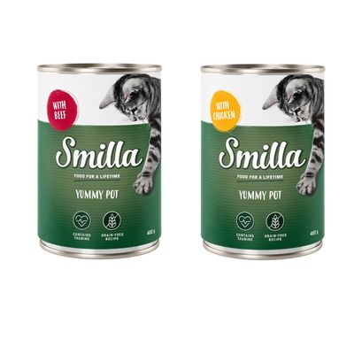 Smilla Yummy Pot с лососем, 40×100 г. На банке изображён кот и надписи: WITH SALMON, CONTAINS TAURINE, GRAIN-FREE RECIPE, 400 г.