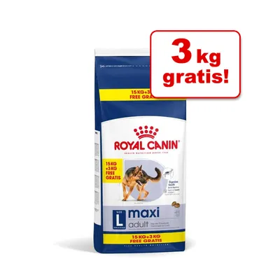 Sac hrană uscată Royal Canin Maxi Adult, 15 kg + 3 kg gratis. Text vizibil: „3 kg gratis!”, „15 KG + 3 KG FREE GRATIS”, imagine câine adult pe ambalaj. Sac hrană uscată Royal Canin Maxi Adult, 15 kg + 3 kg gratis. Text vizibil: „3 kg gratis!”, „15 KG + 3 KG FREE GRATIS”, imagine câine adult pe ambalaj.