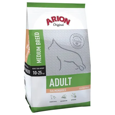 ARION Original MEDIUM BREED hundefoder til voksne, ADULT, SALMON & RICE, glutenfri. Til hundevægt 10–25 kg. Synlig tekst: Prebiotic Effect, Skin Protection, Antioxidant.