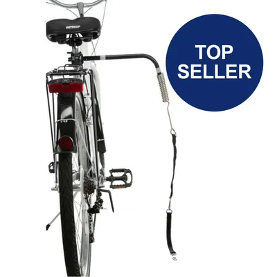 Fahrradhalterung mit Feder und Leine, geeignet zur sicheren Befestigung von Hunden beim Fahrradfahren. Blauer Kreis mit Text 'Top Seller'. Fahrradhalterung mit Feder und Leine, geeignet zur sicheren Befestigung von Hunden beim Fahrradfahren. Blauer Kreis mit Text 'Top Seller'.