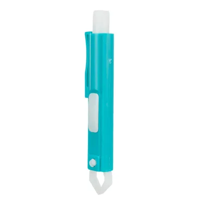 Outil en plastique bleu et blanc avec pince visible à une extrémité, bouton coulissant sur le côté, sans marque ni texte apparent.