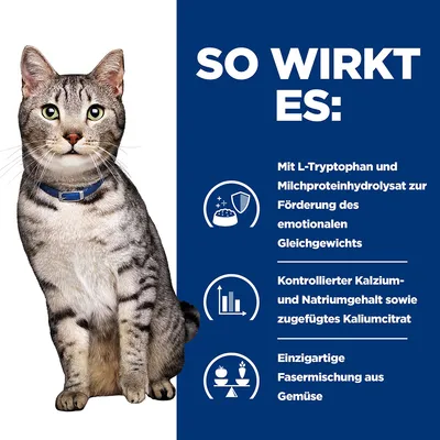 So wirkt es: Mit L-Tryptophan und Milchproteinhydrolysat zur Förderung des emotionalen Gleichgewichts, kontrollierter Kalzium- und Natriumgehalt sowie einzigartige Fasermischung aus Gemüse.
