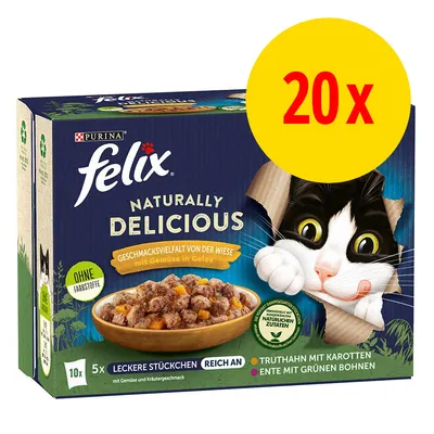 Purina Felix Naturally Delicious, Geschmacksvielfalt von der Wiese mit Gemüse in Gelee, ohne Farbstoffe, 20x Portionen, Truthahn mit Karotten, Ente mit grünen Bohnen. Purina Felix Naturally Delicious, Geschmacksvielfalt von der Wiese mit Gemüse in Gelee, ohne Farbstoffe, 20x Portionen, Truthahn mit Karotten, Ente mit grünen Bohnen.