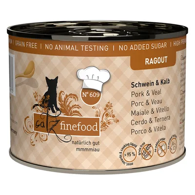 Catz finefood Ragout Nr. 609, sian- ja vasikanliha. Viljaton, ei eläinkokeita, ilman lisättyä sokeria, 95 % lihaa ja keitinlientä.