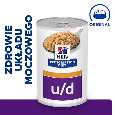 Hill's Prescription Diet u/d, puszka mokrej karmy. Widoczny napis: ZDROWIE UKŁADU MOCZOWEGO oraz symbol miski z napisem ORIGINAL.