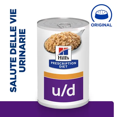 Hill's Prescription Diet u/d, lattina con cibo umido e scritta 'SALUTE DELLE VIE URINARIE', simbolo ciotola con testo 'ORIGINAL' visibile.