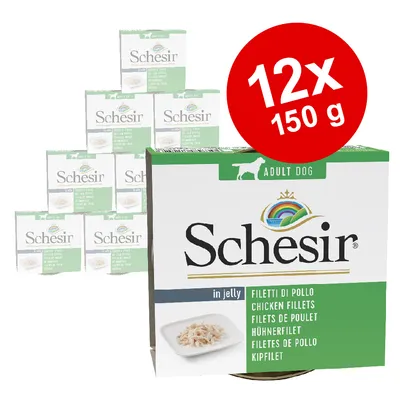 Schesir Adult Dog în aspic, file de pui, pachet cu 12 x 150 g. Imaginea produsului arată designul ambalajului și conținutul.