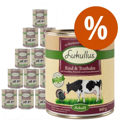 Lukullus Rind & Truthahn Adult 800 g, multipack konzerv s hovězím a krůtím, označení procenta pro akci nebo slevu, viditelný text v němčině i angličtině.