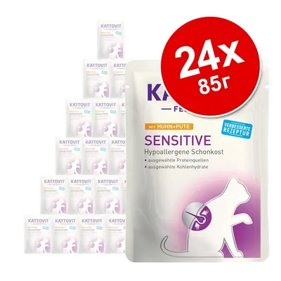 Kattovit Sensitive с пиле и пуешко, 24 x 85 г паучове. Видими надписи: Hypoallergene Schonkost, ausgewählte Proteinquellen, ausgewählte Kohlenhydrate, verbesserte Rezeptur.
