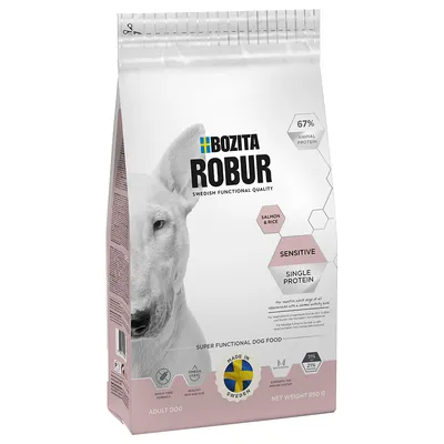 Bozita Robur Swedish Functional Quality, Salmon & Rice, Sensitive, Single Protein, 67 % animal protein, Made in Sweden, Adult Dog, net weight 950 g. Tekst på engelsk.
