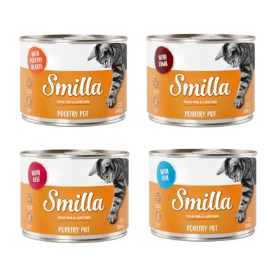 Quatre boîtes Smilla Poultry Pot 200 g : with poultry hearts, with lamb, with beef, with fish. Texte visible : Food for a lifetime. Image d’un chat sur chaque boîte.