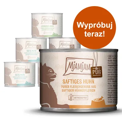 Mjamjam PUR puszki dla kotów: Saftiges Huhn, Leckeres Rind, Gute Pute. Widoczny napis: Wypróbuj teraz!