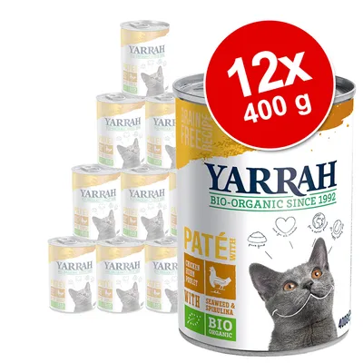 Yarrah BIO-ORGANIC SINCE 1992, PATÉ with chicken, seaweed & spirulina, BIO ORGANIC. Zestaw 12 puszek po 400 g karmy dla kota. Widoczny napis: Grain Free Recipe.