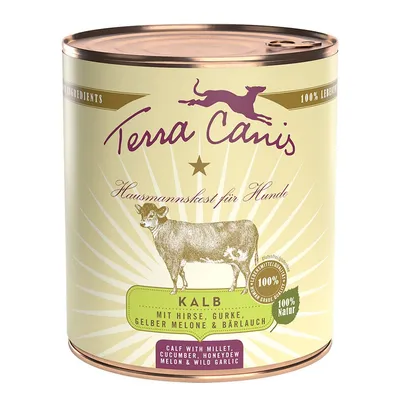 Konzerva Terra Canis Hausmannskost für Hunde, KALB mit proso, uhorkou, žltým melónom a medvedím cesnakom. 100 % Natur. Text v nemčine a angličtine.