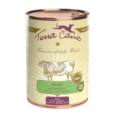 Boîte Terra Canis Rind mit Karotte, Apfel & Naturreis. Texte visibles : 100 % Natur, Hausmannskost für Hunde, Beef with carrot, apple & brown rice.