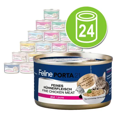 Feline Porta 21 kattenvoer, blik met opschrift 'Feines Hühnerfleisch', 'pur/pure', zonder toegevoegde suiker. Afbeelding toont 24 blikken in verschillende kleuren.