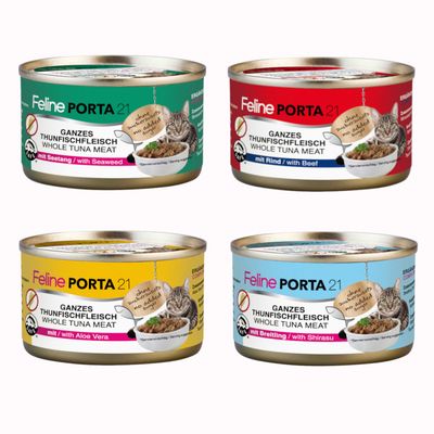Feline Porta 21 Feines Hühnerfleisch, confezione da 24 lattine da 90 g ciascuna. Testo visibile: senza zuccheri aggiunti, fine chicken meat, pur/pure.