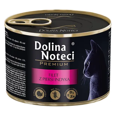 Dolina Noteci Premium, FILET Z PIERSI INDYKA, boîte avec silhouette de chat, icônes : aliment monoproteique, sans céréales, vitamines D3, E, zinc. Texte en polonais.