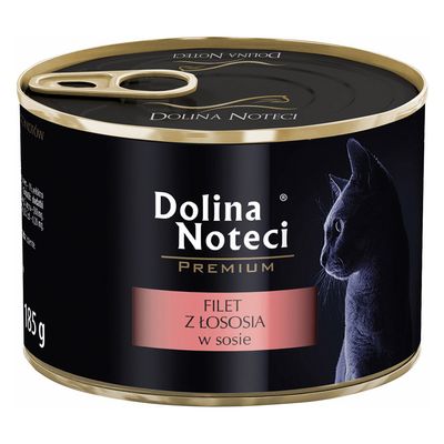 Conservă Dolina Noteci Premium, 185 g, FILET Z ŁOSOSIA w sosie, imagine cu silueta unei pisici pe ambalaj. Textul este în limba poloneză.