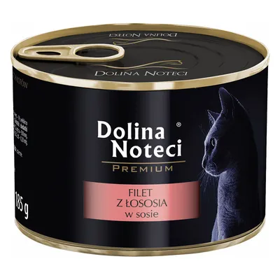 Conservă Dolina Noteci Premium, 185 g, FILET Z ŁOSOSIA w sosie, imagine cu silueta unei pisici pe ambalaj. Textul este în limba poloneză.