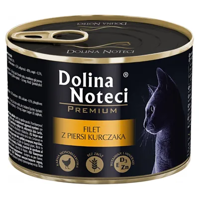Консерва Dolina Noteci Premium, FILET Z PIERSI KURCZAKA. Изображение на котка, икони: еднопротеинова храна, без зърно, витамини D₃, E, цинк.