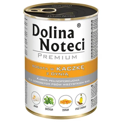 Dolina Noteci Premium, bogat în rață cu dovleac. Hrană completă pentru câini adulți de toate rasele. Ingrediente: ou, busuioc, dovleac, ulei de in.