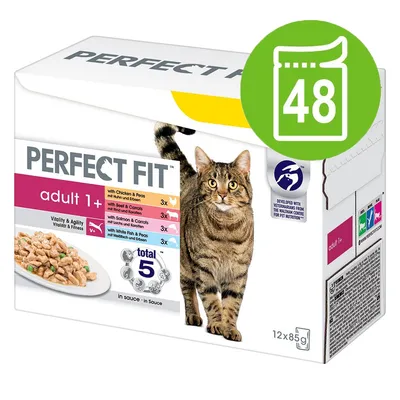 Confezione Perfect Fit adult 1+ per gatti, 12x85g, vari gusti in salsa. Icona verde con simbolo bustina e numero 48. Gatto tigrato visibile sulla scatola. Confezione Perfect Fit adult 1+ per gatti, 12x85g, vari gusti in salsa. Icona verde con simbolo bustina e numero 48. Gatto tigrato visibile sulla scatola.
