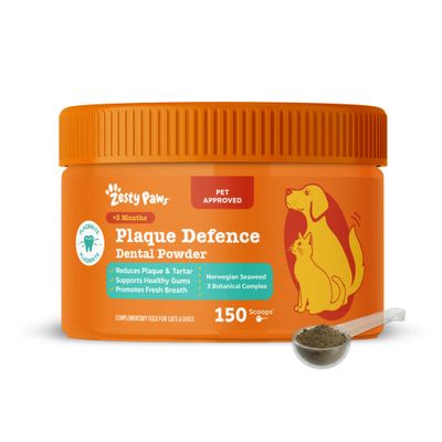 Zesty Paws Plaque Defence Dental Powder, 150 servings, reduces plaque and tartar, supports healthy gums, Norwegian seaweed, 3 botanical complexes.