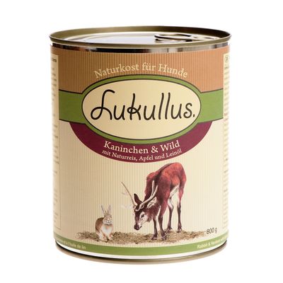 Lukullus Naturkost für Hunde, Kaninchen & Wild mit Naturreis, Apfel und Leinöl, 800 g dåse. Tekst på tysk.