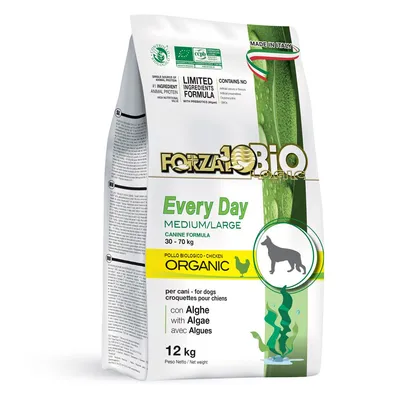 Sac Forza10 Bio Every Day Medium/Large pour chiens 30–70 kg, poulet biologique, algues, 12 kg. Certifié bio, fabriqué en Italie. Texte multilingue visible sur l'emballage.