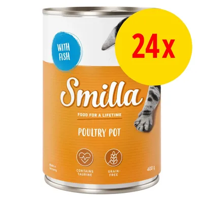 Smilla Poultry Pot med fisk, 400 g burk. Text: contains taurine, grain-free, food for a lifetime. Stor gul cirkel med röd text: 24x. Smilla Poultry Pot med fisk, 400 g burk. Text: contains taurine, grain-free, food for a lifetime. Stor gul cirkel med röd text: 24x.