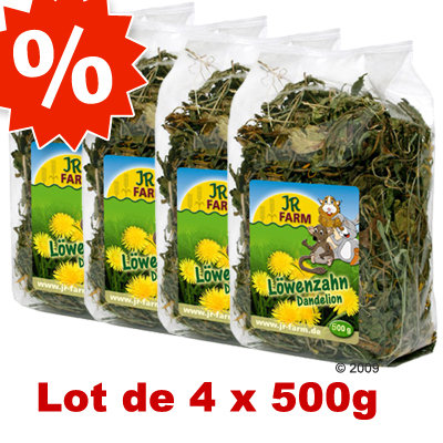 Lot de 4 sachets JR Farm Löwenzahn Dandelion, 500 g chacun. Texte visible : Lot de 4 x 500g. Illustration de pissenlits et petits animaux sur l’emballage. Lot de 4 sachets JR Farm Löwenzahn Dandelion, 500 g chacun. Texte visible : Lot de 4 x 500g. Illustration de pissenlits et petits animaux sur l’emballage.