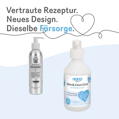 Vertraute Rezeptur. Neues Design. Dieselbe Fürsorge. Zwei Flaschen: HOKAMIX Skin & Shine und GRAU Care Skin & Coat Care, Ergänzungsfuttermittel für Haut & Fell. Vertraute Rezeptur. Neues Design. Dieselbe Fürsorge. Zwei Flaschen: HOKAMIX Skin & Shine und GRAU Care Skin & Coat Care, Ergänzungsfuttermittel für Haut & Fell.