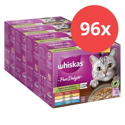 Whiskas Pure Delight Gemischtes Ragout in Gelee, 96x Portionsbeutel mit Rind, Huhn, Lachs und Thunfisch. Verpackung zeigt Katze und Produktdetails. Whiskas Pure Delight Gemischtes Ragout in Gelee, 96x Portionsbeutel mit Rind, Huhn, Lachs und Thunfisch. Verpackung zeigt Katze und Produktdetails.