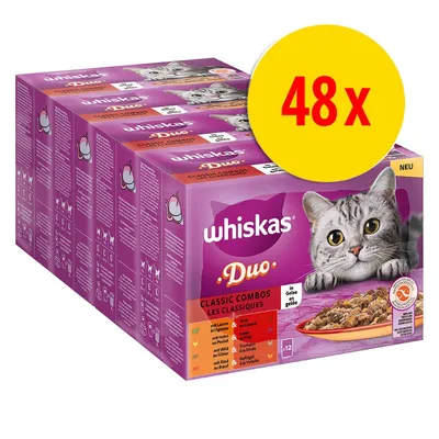 Whiskas Duo Classic Combos in Gelee, 48x Portionsbeutel mit verschiedenen Geschmacksrichtungen. Neu gekennzeichnet.