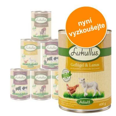 Konzervy Lukullus Adult, různé druhy. Velká konzerva Geflügel & Lamm 400 g s nápisem 'nyní vyzkoušejte' v oranžovém kruhu.
