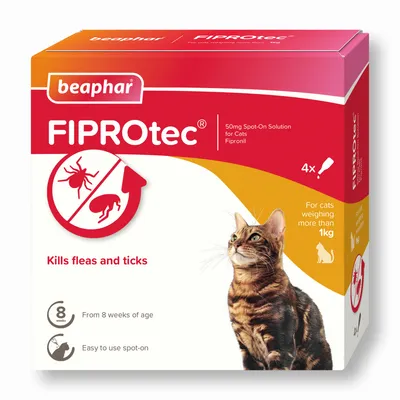 FIPROtec 50mg spot-on solution kills fleas and ticks, for cats over 1kg, from 8 weeks of age. Pack contains 4 pipettes. Easy to use spot-on application.