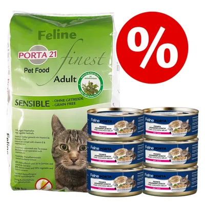 Feline Porta 21 finest Adult SENSIBLE kattefoder, stor pose og seks dåser Feline Porta 21 Hühnerfleisch Fine Chicken Meat. Rød procent-tegn viser tilbud eller rabat.