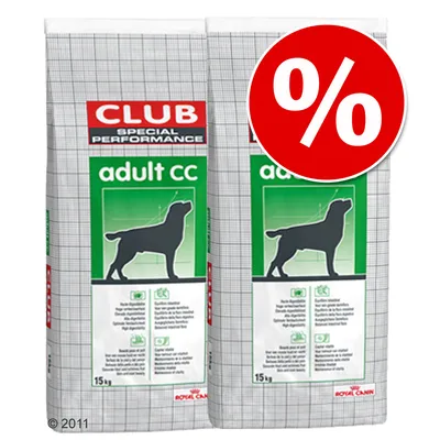 Dve vreči hrane za pse Royal Canin Club Special Performance adult cc, 15 kg, z rdečim krogom in belim simbolom odstotka za popust.