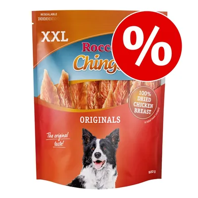 Rocco Chings XXL Originals, 100% dried chicken breast, 900 g. Akciová ponuka označená symbolom percenta na obale.
