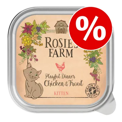 Rosie's Farm Playful Dinner Chicken & Trout KITTEN, Grain Free Recipe. Rødt procenttegn øverst til højre på emballagen.